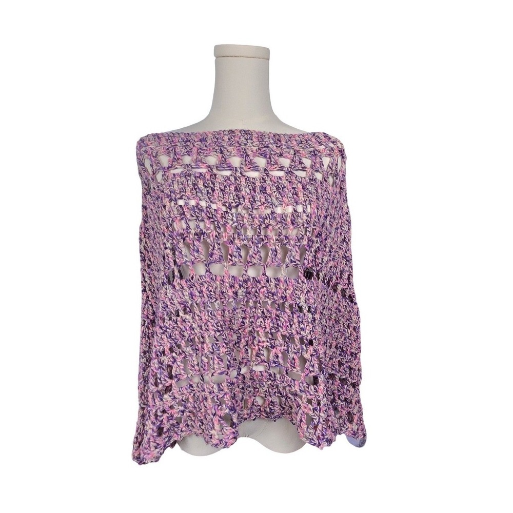 Handmade Crochet Poncho Top Purple Pink Multi Color Open Knit One Size OS Boho